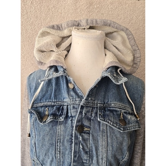 Free People Denim Distressed Hooded Jean /Knit Jacket Coat Women's Size M - Picture 3 of 14